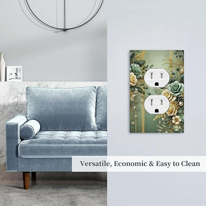 Decorative Outlet Covers Rustic Green Floral Leaves Teal Flowers Gold Stripe 1 Gang Duplex Light Switch Cover Plate Wall Plates for Electrical Outlets Switchplate Faceplate