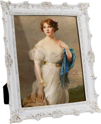 8x10 inch Vintage Photo Frame,Black White Pink Wood Gold Color Hand-Crafted Resin Picture Frame with Easel & Hook, Home Décor for Tabletop Wall Hanging Rahmen Photo Frame (White)