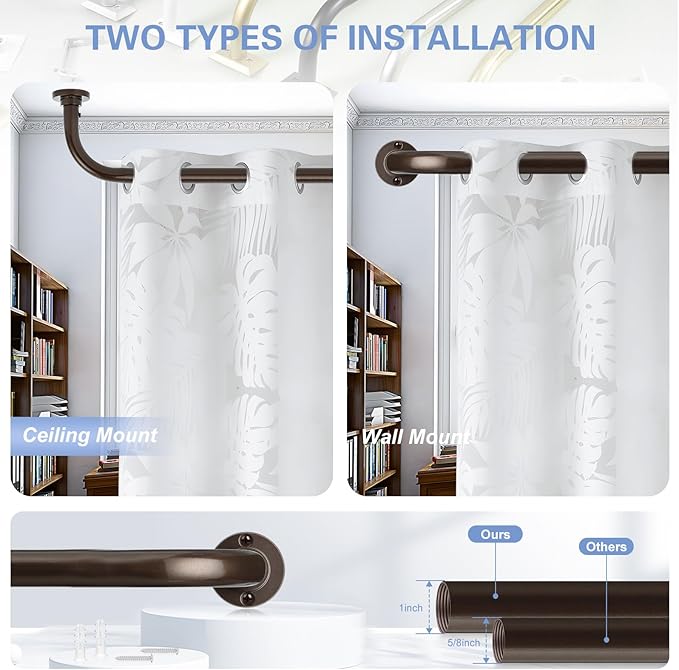 Bronze Wrap Around Curtain Rods 66 to 120 Inch:Blackout Heavy duty Adjustable Window Curtain Rod for Bedroom,Industrial Darkening Curved French Metal Single Drapery Rods Set Easy Install,Brown