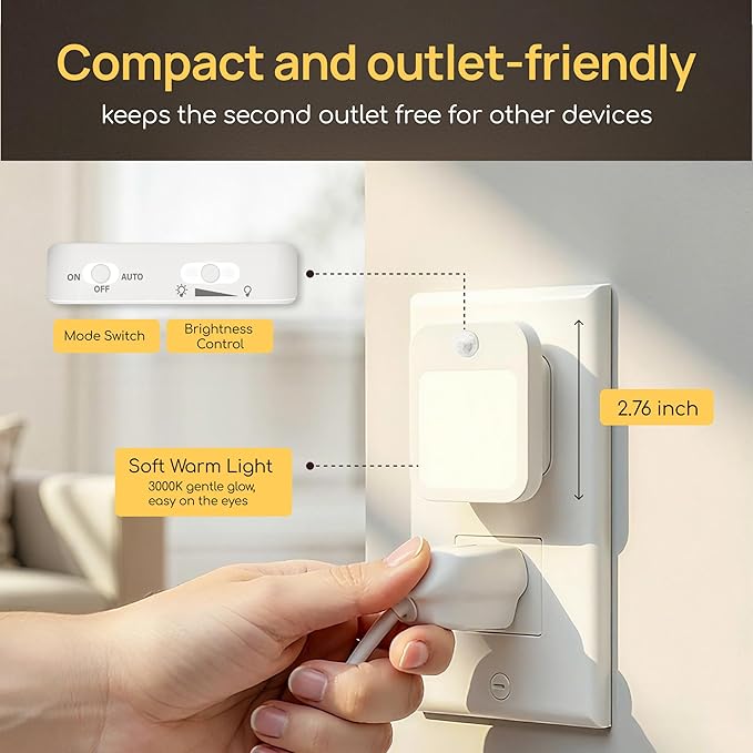 Plug-in Night Light with Motion Sensor, Dusk-to-Dawn Light Sensor, Stepless Dimming LED Night Lights for Bedroom, Hallway, Bathroom, Kids Room, Energy Efficient, 4-Pack