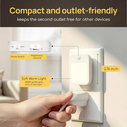 Plug-in Night Light with Motion Sensor, Dusk-to-Dawn Light Sensor, Stepless Dimming LED Night Lights for Bedroom, Hallway, Bathroom, Kids Room, Energy Efficient, 4-Pack