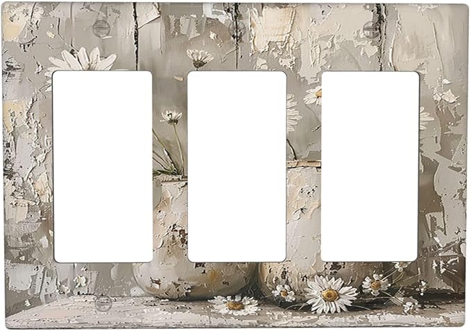 Light Switch Covers Vintage Rustic Floral White Daisy Flower Oil Painting Style 3 Gang Rocker Electrical GFCI Decorative Triple Outlet Wall Plate Cover Switchplate for Home Farmhouse Decor
