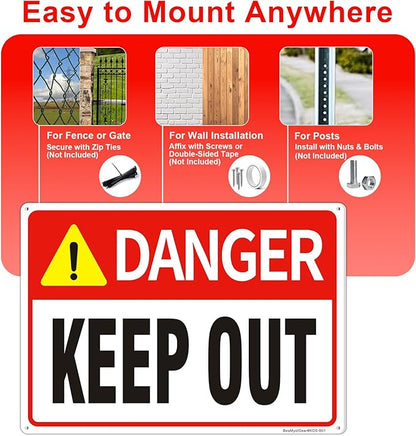 Danger Keep Out Sign – 3 Pack 14x10 Inch Aluminum Metal Safety Signs, Rust Free, UV Protected, Easy to Mount for Construction, Hazard, and Restricted Areas (3)