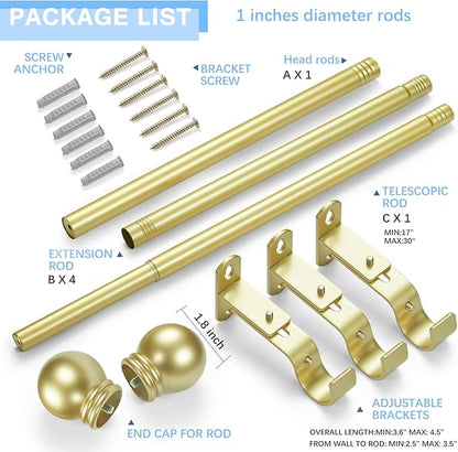 Curtain Rods for Windows 16 to 92 Inches, Curtain Rod Max Adjustable Length of 104 IN, 1" Diameter Drapery Rods Round Finials, Warm Gold, Pack of 1