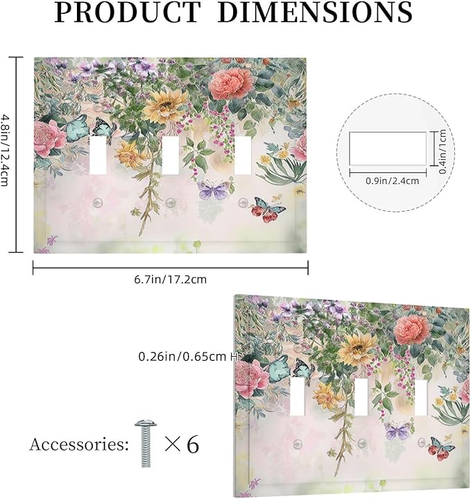 Light Switch Covers Rustic Floral Watercolor Flower Blossom Butterfly 3 Gang Wall Plates Triple Toggle Outlet Cover Decorative Switchplates Electrical Panel Cover for Kitchen Living Room 4.8 X 6.7 IN