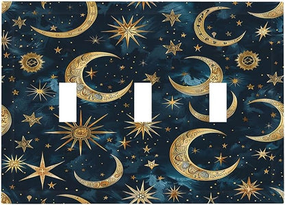 Decorative Switch Plates Modern Abstract Sky Blue Gold Moon Sun Star 3 Gang Wall Plate Triple Toggle Light Switch Cover Faceplate Electrical Wall Panels for Bedroom Kids room Decor