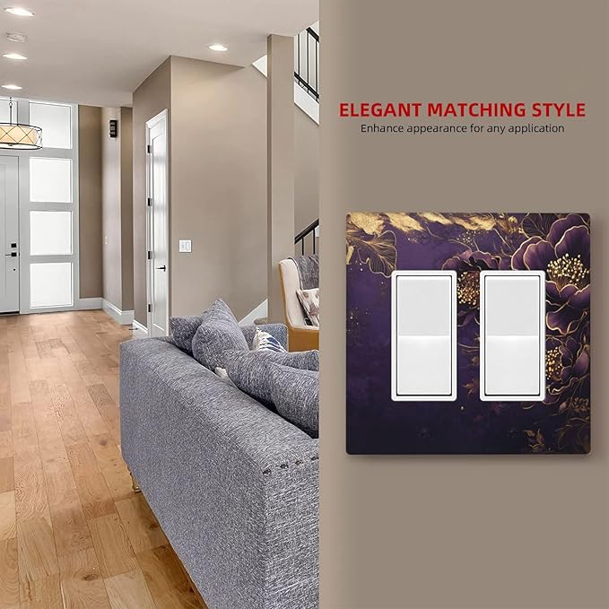 Decorative Outlet Covers Vintage Purple Peony Gold Leaf Flowers Floral 2 Gang Wall Plate Double Rocker Two Switch Wall Cover Plate Jumbo Dual Electrical GFCI Face Plate for Bedroom Decor