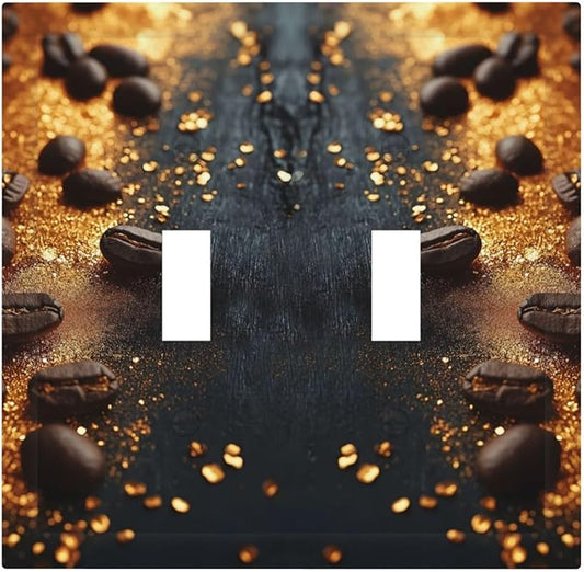 Decorative Light Switch Cover Plate Black Wood Board Gold Dust Coffee Beans 2 Gang Wall Plate Oversized Double Toggle Two Switch Wall Cover Plate Dual Device Face Plate