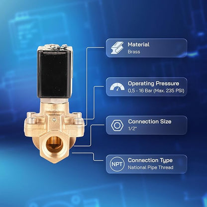 UNOX 1/2" NPT Solenoid Valve 110V AC, Brass Control Valve Normally Closed - 7-232 PSI Multi-Purpose Reliable Control Valve for Water, Air, and Gas - Solenoid Valves