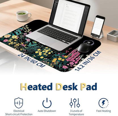 Heated Mouse Pad with 3 Temperature Settings(104°F–122°F),Large 24x14.2 Inch PU Leather Heated Desk Mat,Waterproof Warming Pad for Office,Gaming & Cold Hands Relief,Garden Flowers