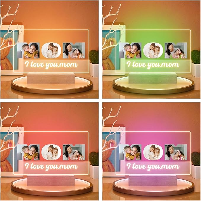 Custom Mom Picture Frame with Photo, Custom Photo Frame with Night Light, Customized Picture Frames, Personalized Valentines Day Gifts for Mom from Daughter & Son