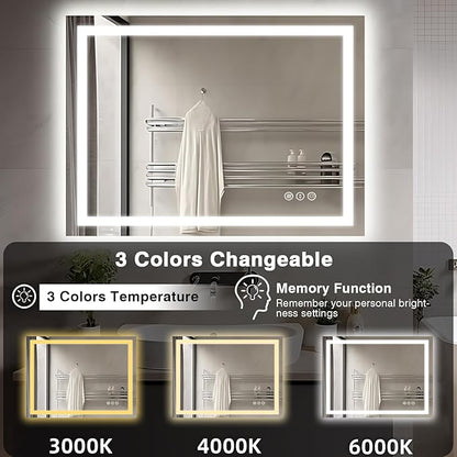 40"x30" LED Lights Bathroom Mirror with Front Lit and Backlit, Anti-Fog Vanity Mirror with Lights, Stepless Dimmable Lighted Mirror, 3 Colors Smart Mirror (Horizontal/Vertical)