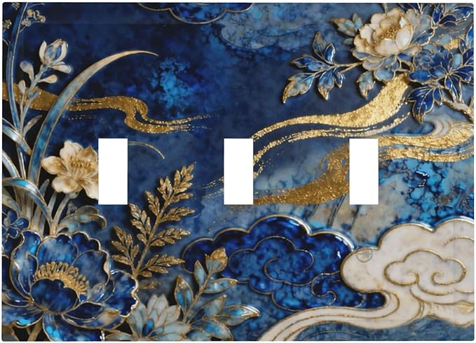Decorative Light Switch Cover Plate Blue White Flower Gold Line Cloud 3 Gang Wall Plates for Electrical Outlets Triple Toggle Switch Plate Covers Outlet Covers Faceplate for Home Decor