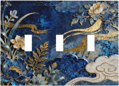 Decorative Light Switch Cover Plate Blue White Flower Gold Line Cloud 3 Gang Wall Plates for Electrical Outlets Triple Toggle Switch Plate Covers Outlet Covers Faceplate for Home Decor