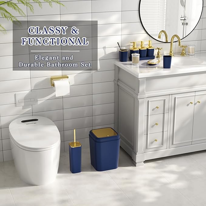Bathroom Accessory Set, 11PC Bathroom Set, Navy Blue Bathroom Accessories, Bathroom Accessories Set with Trash Can, 3PC Soap Dispensers and Toilet Brush