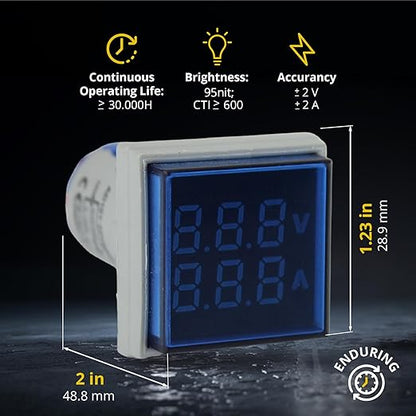 LED Voltage Display Panel Mount Volt Amp Meter, AD101-22VAMS 22mm Square Voltmeter and Ammeter, AC50-500V Voltage and 0-100A Current Meter, Blue (1 Pack)