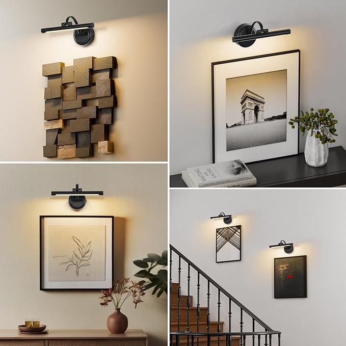 Rechargeable Picture Light for Wall, Cordless Art Lights Battery Operated, Dimmable Wall Light with Remote & Timer, 3 Color Modes for Paintings, Gallery, Artwork(Black, 12inch)