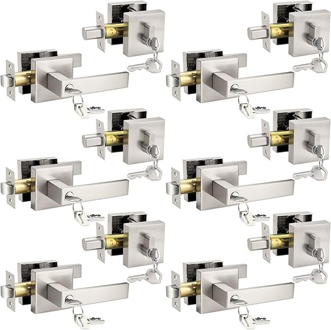 Probrico Satin Nickel Entry Levers Lock Sets and Single Cylinder Deadbolts Keyed Alike Combination Set, Heavy Duty Square Entry Door Locksets Front Door Bedroom Entrance Lock, 6 Pack(All Same Keys)