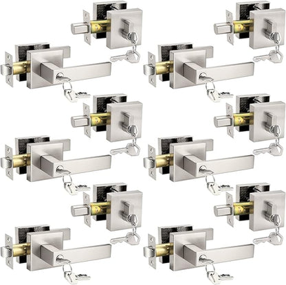 Probrico Satin Nickel Entry Levers Lock Sets and Single Cylinder Deadbolts Keyed Alike Combination Set, Heavy Duty Square Entry Door Locksets Front Door Bedroom Entrance Lock, 6 Pack(All Same Keys)