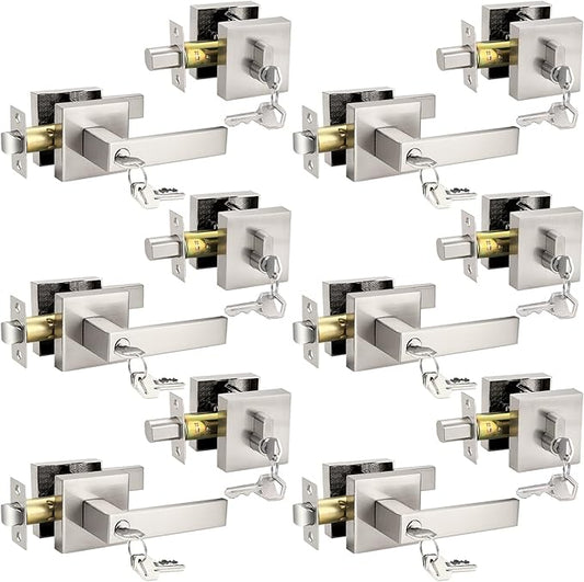 Probrico Satin Nickel Entry Levers Lock Sets and Single Cylinder Deadbolts Keyed Alike Combination Set, Heavy Duty Square Entry Door Locksets Front Door Bedroom Entrance Lock, 6 Pack(All Same Keys)
