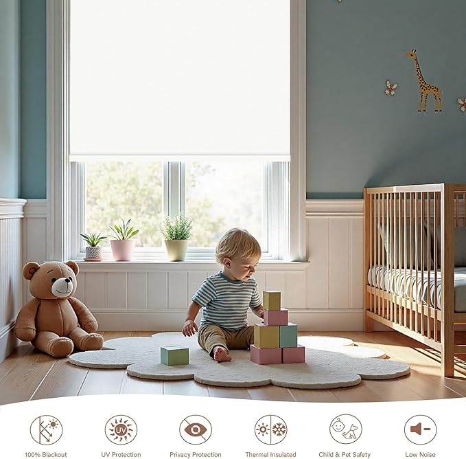 Motorized Roller Blinds with Remote, 100% Blackout Automatic Roller Shades for Bedroom, Bathroom, and Living Room, Customized Size, Snow White