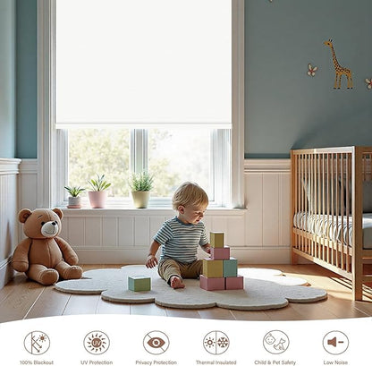 Motorized Roller Blinds with Remote, 100% Blackout Automatic Roller Shades for Bedroom, Bathroom, and Living Room, Customized Size, Snow White