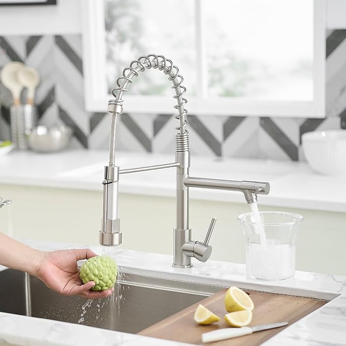 AIMADI Commercial Kitchen Faucet with Dual Spouts, Brushed Nickel Single Handle Stainless Steel Pull-Down Sink Faucet, Suitable for Farmhouse Camper Laundry Rv Bar