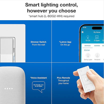 Lutron Diva Smart Dimmer Switch Kit for Caseta Lighting w/ Hub, Pico Remote & Pedestal, Smart Dimmer Works with Apple Home, Ring, Google Home, 3 Way, DVRF-BDG-1DP-A