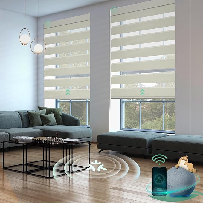 Yoolax Smart Blinds Motorized Matter Zebra Blinds Compatible with Alexa, Google Home, Apple Homekit,Window Shades Blackout Electric Custom Roll Up Indoor Cordless Zebra for Home(Striped Gold)