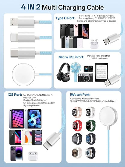 Travel Essentials, 4 in 2 Multi Charging Cable for Apple Watch Charger/iPhone Charger,USB C Cable Cord for iPhone 17-11/iWatch Ultra/10-2/Galaxy S25-S20, Android Phones, Kindle, MP3-Blue,4FT