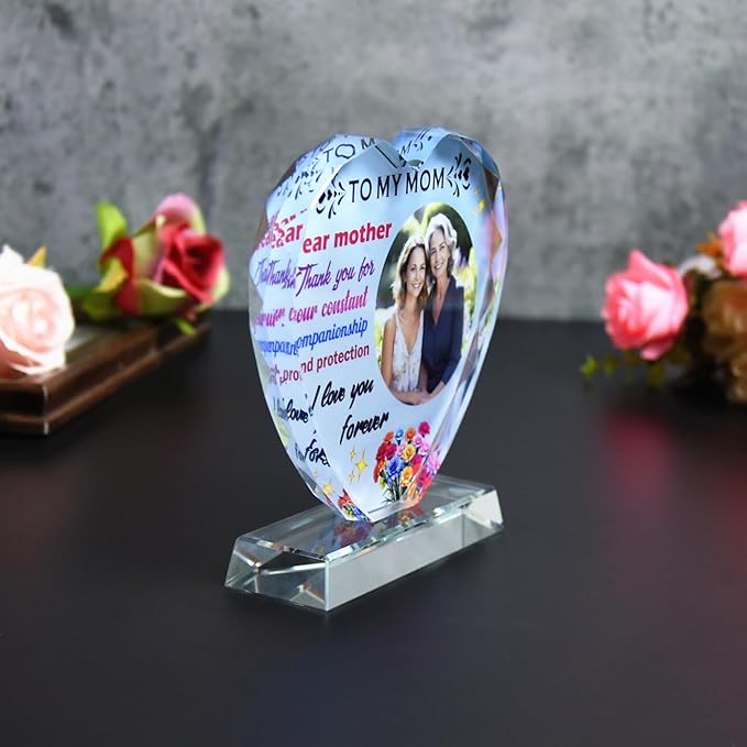 FANF&YKPY Personalized mother's gift customized heart-shaped crystal photo frame Christmas, Thanksgiving, Mother's Day, birthday gift for mom, mother, wife, women, ladies, grandmother