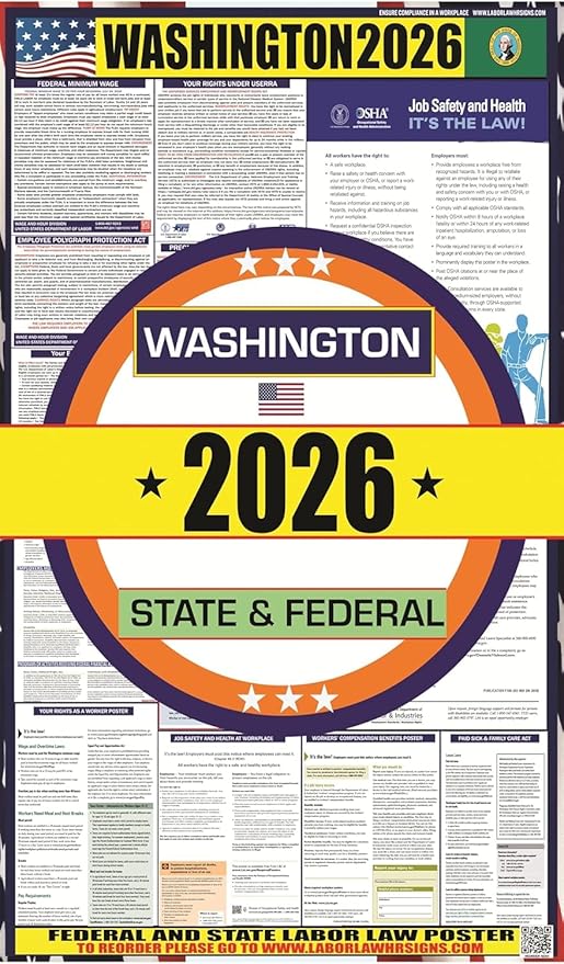 2026 Washington (WA) State Labor Law Poster - State, Federal and OSHA Compliant Laminated Poster - Spanish Version - Ideal for Posting in The Workplace - Easy to Read