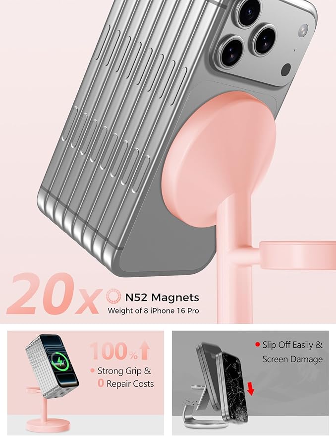 2025 3 in 1 Wireless Charging Station Compatible with MagSafe, 15W Fast Magnetic Mag-Safe Charger Stand for Apple iPhone 17 16 15 14 13 12 iWatch AirPods Pro 4 3 2, Pink