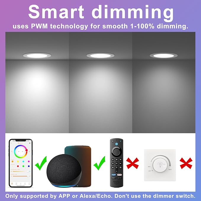 Smart Recessed Lighting 4 Inch RGBCW Color Changing 12W LED Downlight with Junction Box,1000 Lumen Recessed Ceiling Light Compatible with Alexa,Dimmable by Bluetooth Control -1Pack