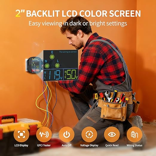 GFCI Outlet Tester with LCD Display,3-Prong Outlet Tester Plug in,Voltage Socket Checker,Electrical Diagnostic Tool for 110V-250V AC Home Outlets