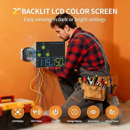 GFCI Outlet Tester with LCD Display,3-Prong Outlet Tester Plug in,Voltage Socket Checker,Electrical Diagnostic Tool for 110V-250V AC Home Outlets