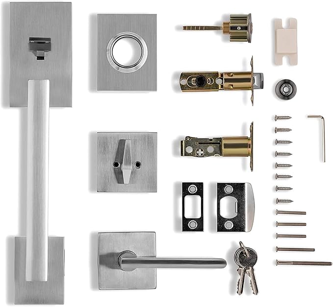 Berlin Modisch HandleSet Front Door Entry Handle and Deadbolt Lock Set Slim Square Single Cylinder Deadbolt and Lever Reversible for Right & Left Sided Doors Heavy Duty – Satin Nickel Finish