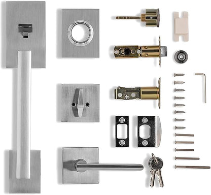 Berlin Modisch HandleSet Front Door Entry Handle and Deadbolt Lock Set Slim Square Single Cylinder Deadbolt and Lever Reversible for Right & Left Sided Doors Heavy Duty – Satin Nickel Finish
