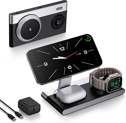 Foldable 3 in 1 Magnetic Wireless Charging Station for Apple Devices, Leather-Like Fast Wireless Charger Dock with Night Light for Magsafe iPhone 17/16/15/14/13/12 Series, Apple Watch, AirPod