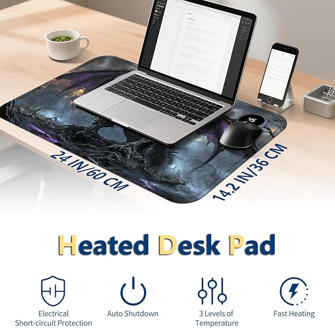 Heated Mouse Pad with 3 Temperature Settings(104°F–122°F),Large 24x14.2 Inch PU Leather Heated Desk Mat,Waterproof Warming Pad for Office,Gaming & Cold Hands Relief,Dark Dragon Fantasy