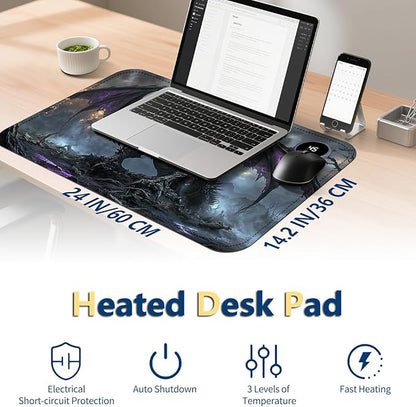 Heated Mouse Pad with 3 Temperature Settings(104°F–122°F),Large 24x14.2 Inch PU Leather Heated Desk Mat,Waterproof Warming Pad for Office,Gaming & Cold Hands Relief,Dark Dragon Fantasy