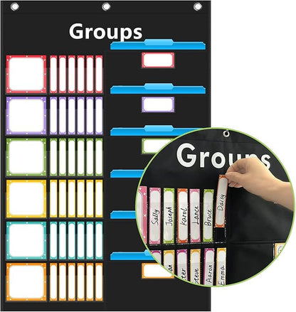REGELETO Small Group Management Pocket Chart with 96 Cards Classroom Jobs Chart Small Group Organizer and on Task for School Teacher Homeschool Learning Supplies (Black)