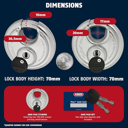 ABUS - Diskus 20/70 Padlock with Key (2.75") 70mm - Heavy Duty Stainless Steel - Cut, Rust & Drill Resistant - Storage & Outdoor - Pad Lock with 2 Keys (Keyed Different) - Locker Lock - Home Security