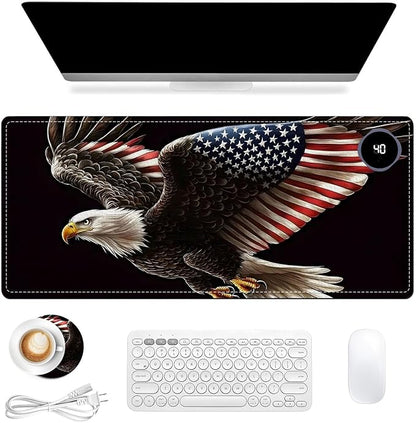 Heated Mouse Pad, Warm Desk Pad, Keyboard Mat 31.5 x 13 Inch Large Size Intelligent Fast Heating, 3 Speed Adjustable, Timed Auto Power Off for Game Office Home,Soaring American Flag Eagle