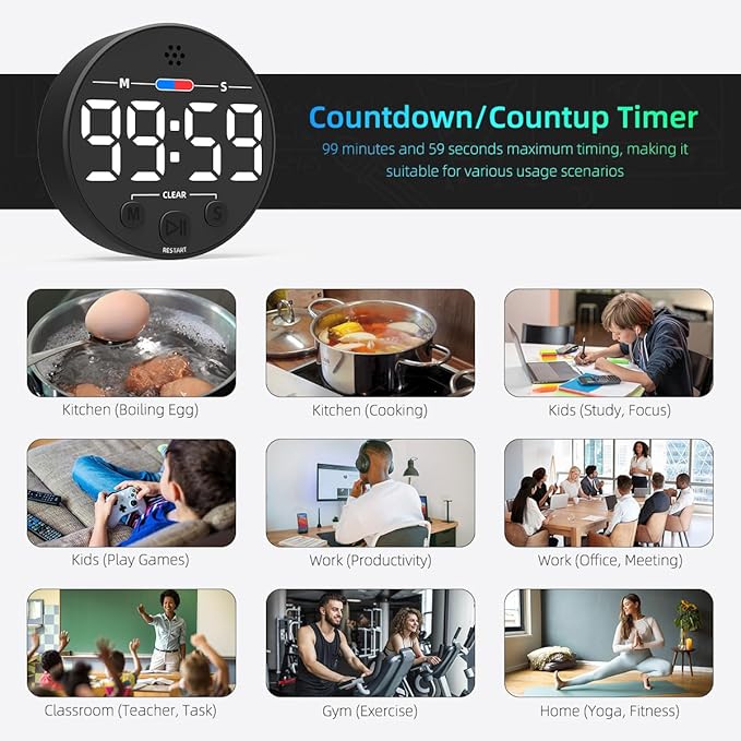 Visual Digital Timer for Kitchen, Classroom, Kids, Productivity, Magnetic Countdown Timer for Egg Cooking, Toddler, Focus, Work, Task, Small Desk Timer with Large LED Display, Super Loud Alarm - White