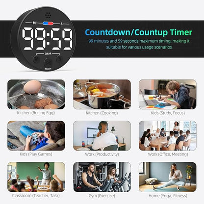 Visual Digital Timer for Kitchen, Classroom, Kids, Productivity, Magnetic Countdown Timer for Egg Cooking, Toddler, Focus, Work, Task, Small Desk Timer with Large LED Display, Super Loud Alarm - White