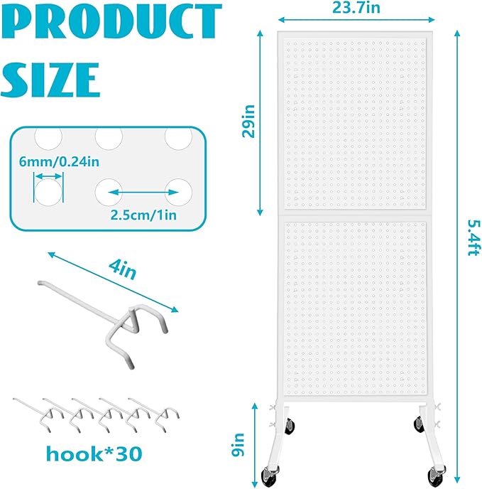 Royxen Standing Pegboard Display 2 x 5 Feet, Metal Pegboard with 30 Hooks, Peg Board Display Stand with Wheels for Vendors, Home and Retail Store (White)