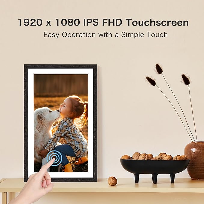 Digital Picture Frame, 15.6 Inch Frameo Digital Frame WiFi, 1920 * 1080 IPS FHD Touchscreen, 32GB, Tabletop&Wall-Mounted, Share Picture Video, Large Electric Photo Frame, Mom Gifts, Black Woodgrain