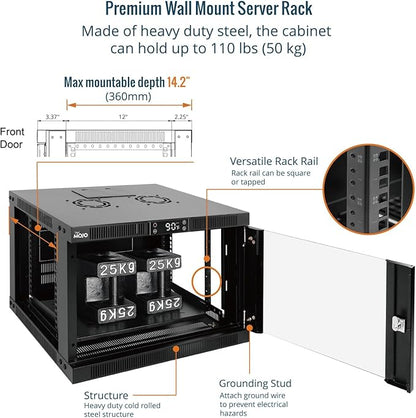Tecmojo 6U Wall Mount Rack with Thermostat, 17.7inch Depth Enclosed Server Cabinet with 2 Cooling Fans,Lockable Door & Hardware,6U Rack for 19inch Equipments,Glass Door