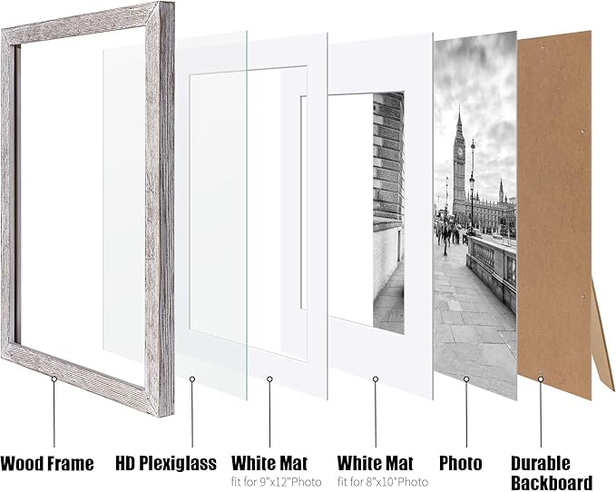Tiblue 11x14 Picture Frame, Solid Wood Rustic Distressed White - 2 Packs with 4 Mats, HD Plexiglass, Wall Mount & Tabletop, 11x14 inches, Unisex Adult